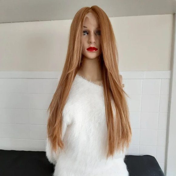 Ginger brown lace front wig with blonde highlights straight main image 6